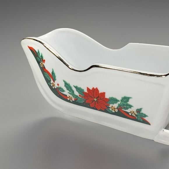 Tienshan Deck Halls Sleigh Gravy Boat Christmas Candy Dish Poinsettia 10"Lx3.75" - Picture 7 of 12
